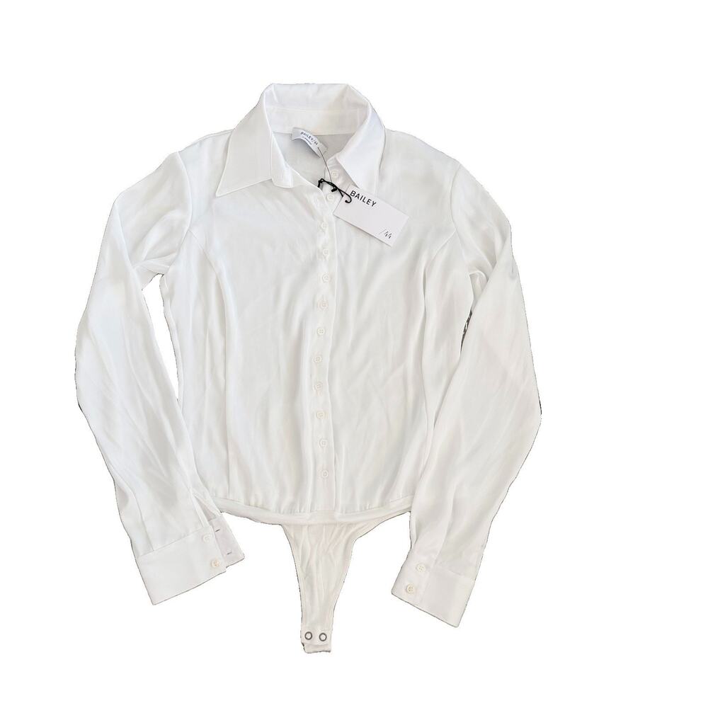 New Bailey 44 Bette Lace Up Back White Button Front Blouse Bodysuit M $198